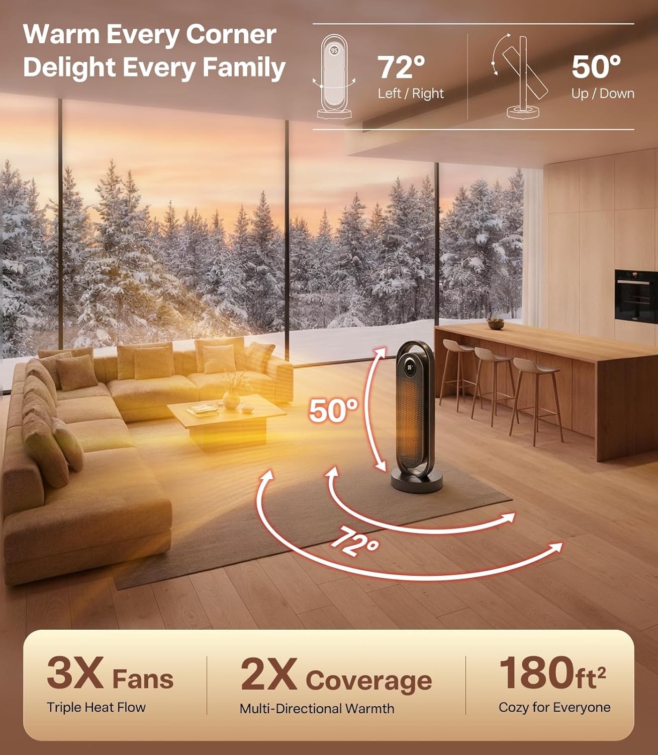 RANVOO Space Heater, Electric Portable Heaters for Indoor Use with Thermostat, Wide Oscillation, ECO and Fan Mode, 1-12H Timer, 1500W PTC Ceramic Fast and Safe Heater for Office, Large Room